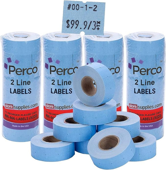 Perco 2 Line Blue Labels - 32 Rolls, 4 Sleeves, 24,000 Blank Price and Date Gun Labels for Perco 2 Line Price and Date Guns - Made in USA