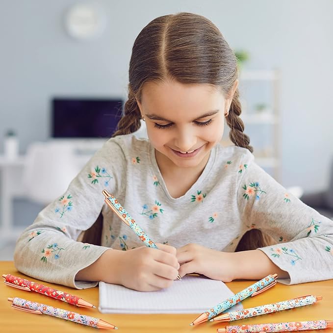 Glenmal 12 Pcs Flower Pens for Women Floral Ballpoints Pretty Fancy Pens Retro Floral Cute Ballpoints Black Ink Metal Retractable Writing Journaling Gifts for Office Supplies