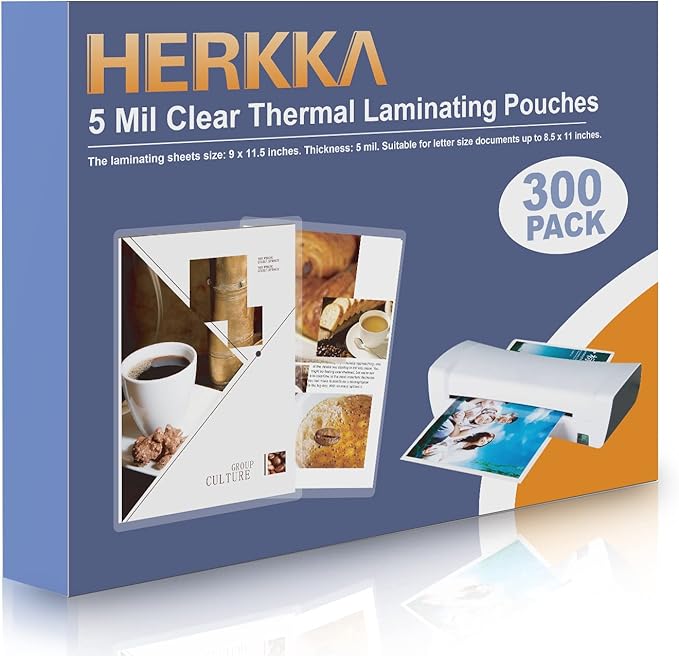 HERKKA 300 Pack Laminating Sheets, Holds 8.5 x 11 Inch Sheets, 5 Mil Clear Thermal Laminating Pouches 9 x 11.5 Inch Lamination Sheet Paper for Laminator, Round Corner Letter Size