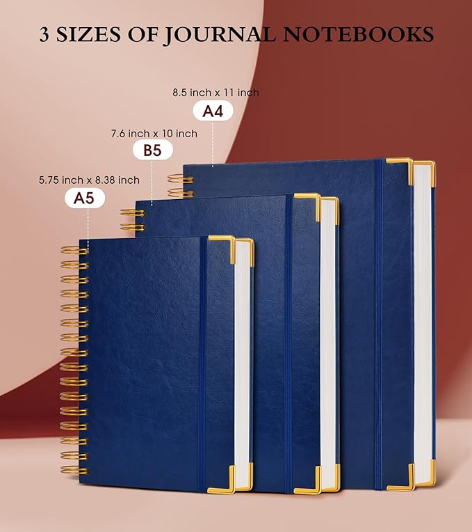 Spiral Notebook Journal 7.6” x 10”, 300 Pages Hardcover Leather Lined Journals for Women Men, B5 Large College Ruled Notebooks with 100 GSM Thick Paper, Spiral Journal for Writing Work School, Navy