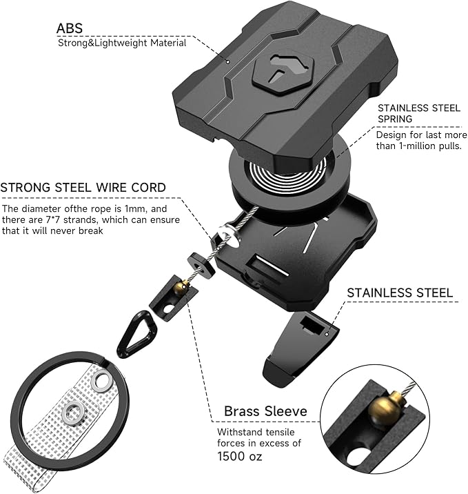 Retractable Keychain Badge Holder with Belt Clip, Heavy Duty Carabiner ID Badge Clip Reel, 32” Steel Retractable Cord, 10 oz Rebound，1pcs Black Belt Clip