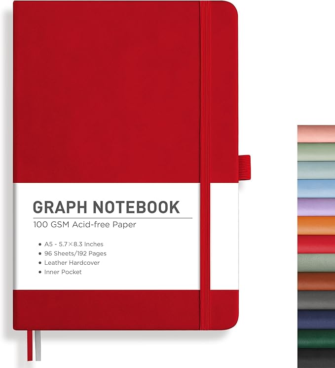 RETTACY Graph Paper Notebook, A5 Grid Notebook Journal with 192 Pages, 5.7'' × 8.3'', Medium Size, Leather Hardcover, 100 GSM Thick Paper, for Students, Homework, Math, Engineering (Red)