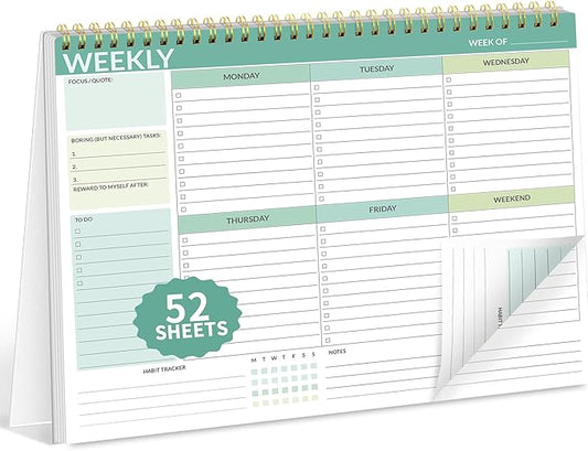 SUNEE Weekly To Do List Notepad - Last for 2 Years, 52 Undated Sheets, 8.5"×11", Spiral Weekly Desk Planner Pad for Adults and Kids, School, Home & Office - Green