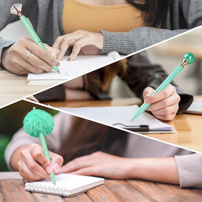 WEMATE 8Pcs Ballpoint Pens Set Metal Crystal Diamond Pen Glitter Pen for Journaling Green Pen Bling in Black & Blue Ink Pretty Cute Pens Fancy Pens Gifts for Women Wedding School Office Desk(Green)