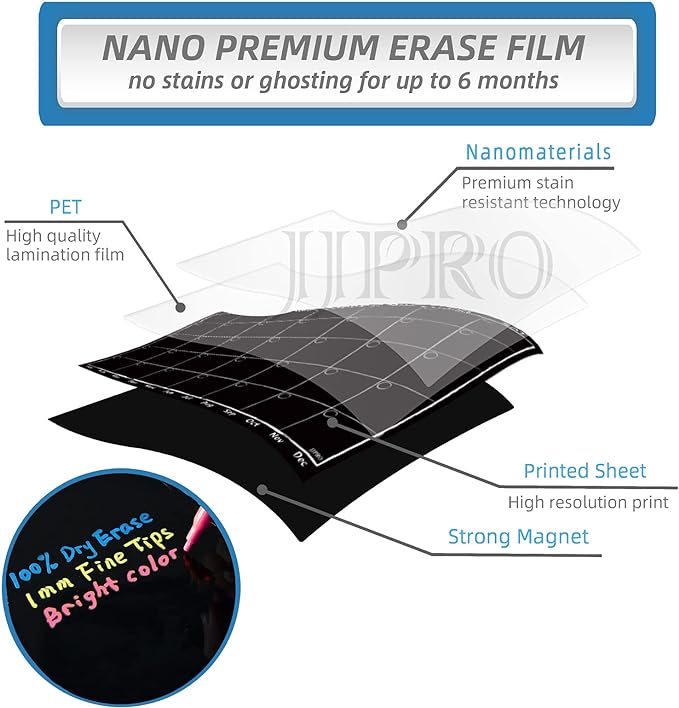 Magnetic Chalkboard Monthly Calendar with neon Bright Liquid Chalk Markers – Black Refrigerator Monthly Planning Board w/Bonus - Grocery List and Notepad for Kitchen Refrigerator