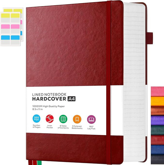8.5 x 11 Large Journal Notebook Notepad for Women Men Writing, 320 Pages Hardcover Leather Bound Notebook journal college ruled, 100Gsm Lined Paper, Burgundy