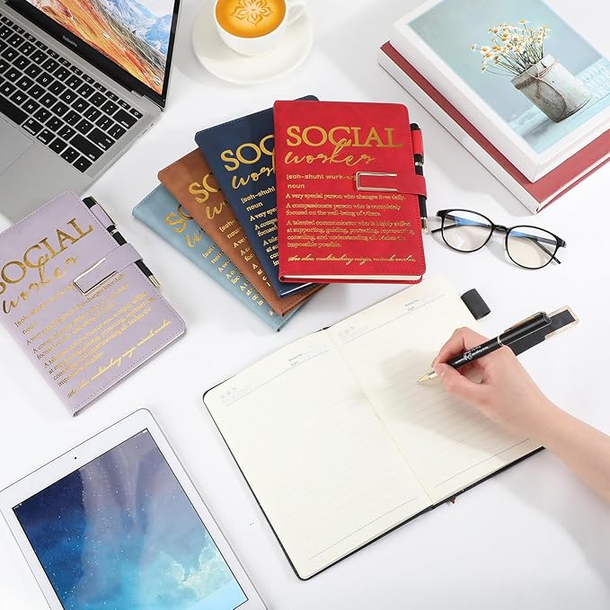 Chuangdi 6 Sets Social Worker Appreciation Gift Bulk A5 Leather Journal Notebook with Metal Buckle Ballpoint Pen Thank You Inspiration Gift for School Social Worker Graduation Nursing Volunteer BSW