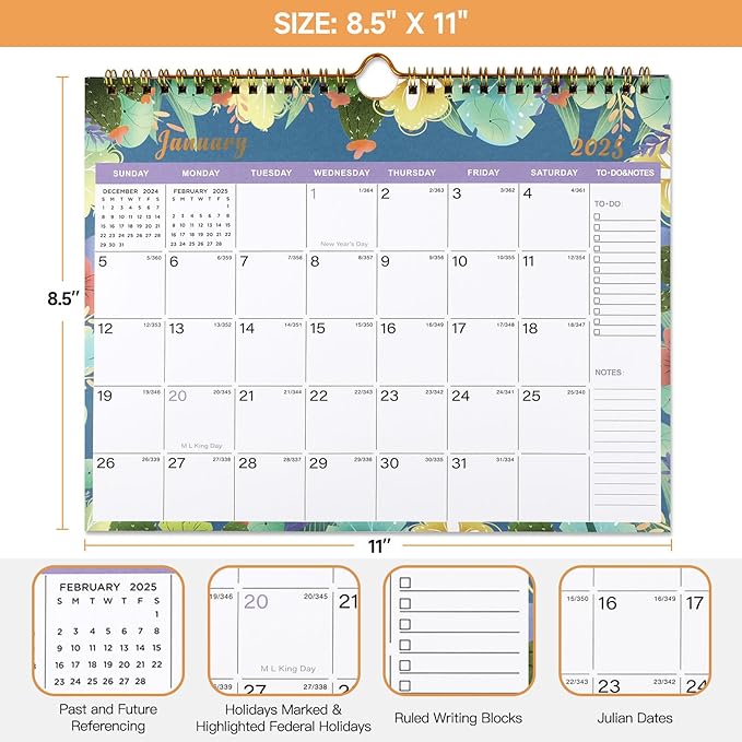 Lbylyhxc 2025-2026 Calendar - 18 Monthly Wall Calendar 2025-2026 from January 2025 to June 2026, 11 x 8.5 Inches.Thick Paper with Julian Dates and Block for New Year and Christmas Presents (2025-2026 wall calendar flower)