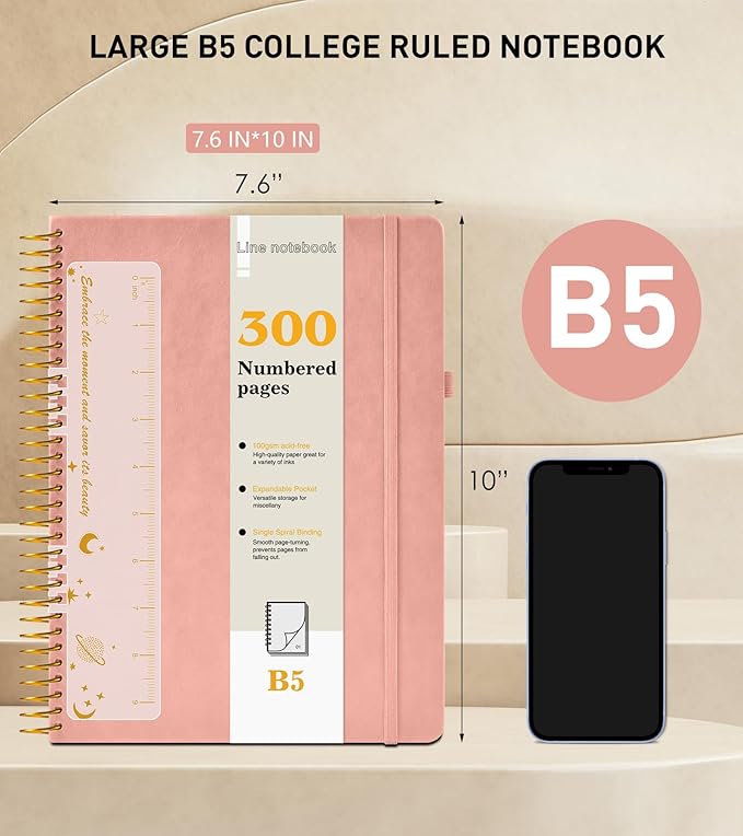 B5 Spiral Notebook Journal 7.6” x 10”, 300 Numbered Pages Hardcover Leather Journals for Women Men, Large Lined College Ruled Notebooks, 100GSM Thick Paper, Spiral Bound Journal for Work School, Pink