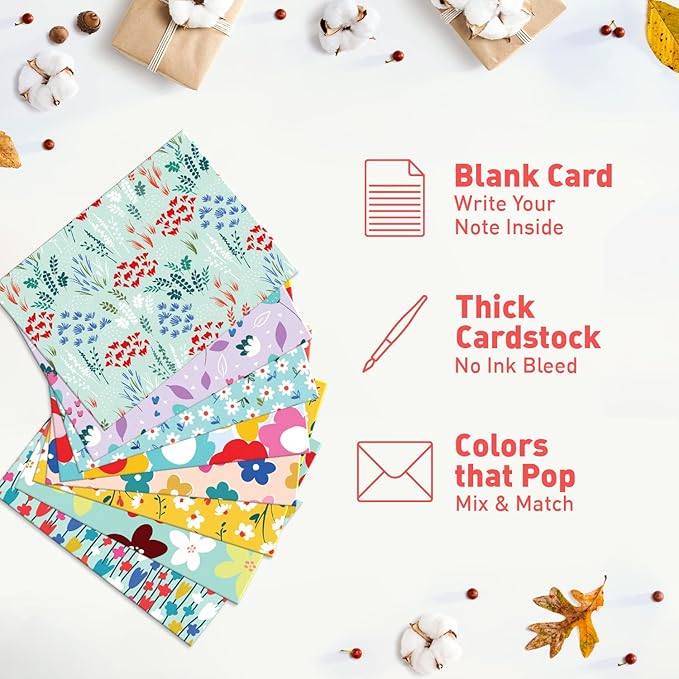 S&O Floral Note Cards and Envelopes Set of 24 - Blank sheets for Handwritten Messages - Floral All Occasion flyers Assortment Box with covers - Mix & Match Vibrant Notecards and decor Envelopes Set
