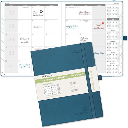POPRUN Monthly Planner 2025-2026 (Large- 8.5" x 10.5" Soft Cover), 18-Month Calendar Book (January 2025-June 2026), Calendar Planner with Monthly Tabs & Pocket, 100 GSM Paper - Night Sky Blue