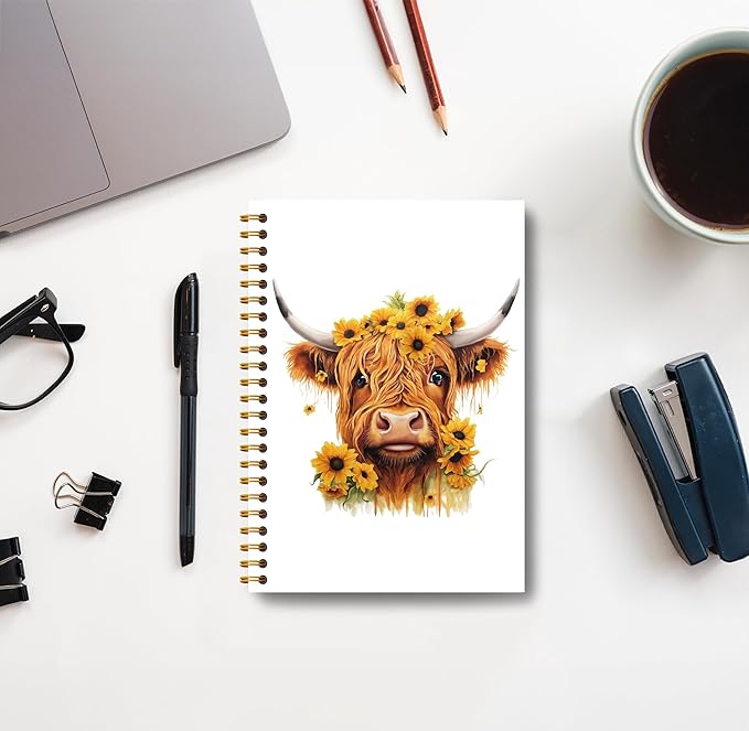 Sunflower Highland Cow Notebook - Western Notebook, Cow Notebook, Highland Cow Office Supplies, Highland Cow Gifts, Cow Stuff, Farmhouse Highland Cows Spiral Notebook 5.5x8.3