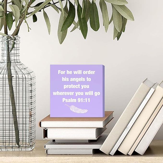 Purple Psalm 91:11 Office Decor Desk Accessories Inspirational Gifts for Women Bible Verse Gifts Purple Christian Office Decor Sign Desk Decorations for Women Home & Office Cute Desk Accessories