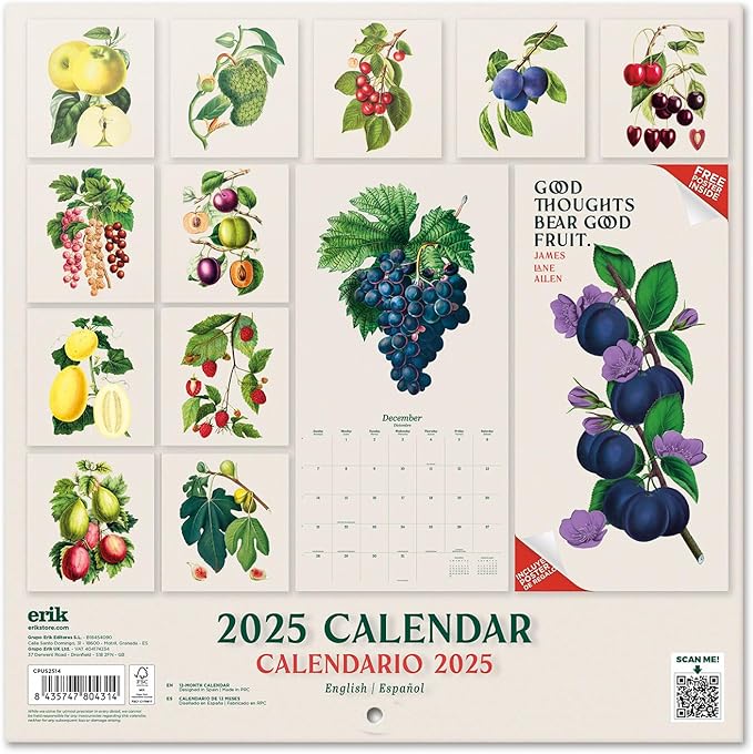 Botanical Wall Calendar 2025 12" x 12" FSC® Plastic Free - Starts Week On Sunday | Square Wall Calendar | Family Planner Calendar 2025 | Fruits Calendar 2025