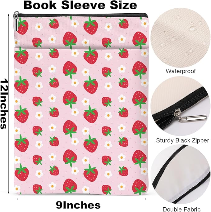 Strawberry Pattern Book Lovers Gifts Waterproof Book Sleeve Book Pouch Book Protector with Zipper and Front Pocket BookCover Case for Women Girl Grandma Mom Book Accessories Book Club Gifts