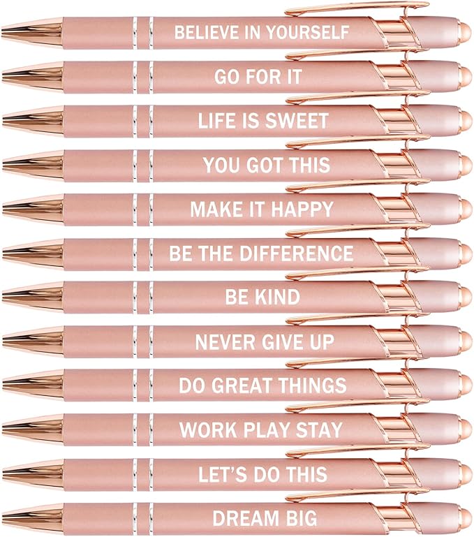 PASISIBICK 12 Pieces Rose Gold Inspirational Motivational Quotes Snarky Screen Touch Stylus Ballpoint Pens, Office Encouraging Scriptures, Black Ink (Rose Gold,Motivational)