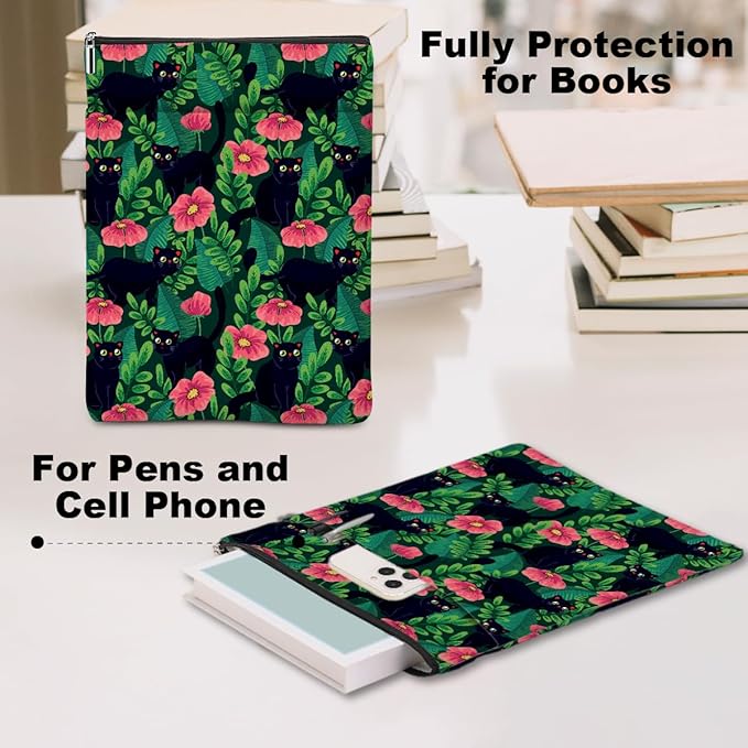 Pink Floral Pattern Book Lovers Gifts Waterproof Book Sleeve Book Pouch Book Protector with Zipper and Front Pocket BookCover Case for Women Girl Friend Sister Book Accessories Book Club Gifts