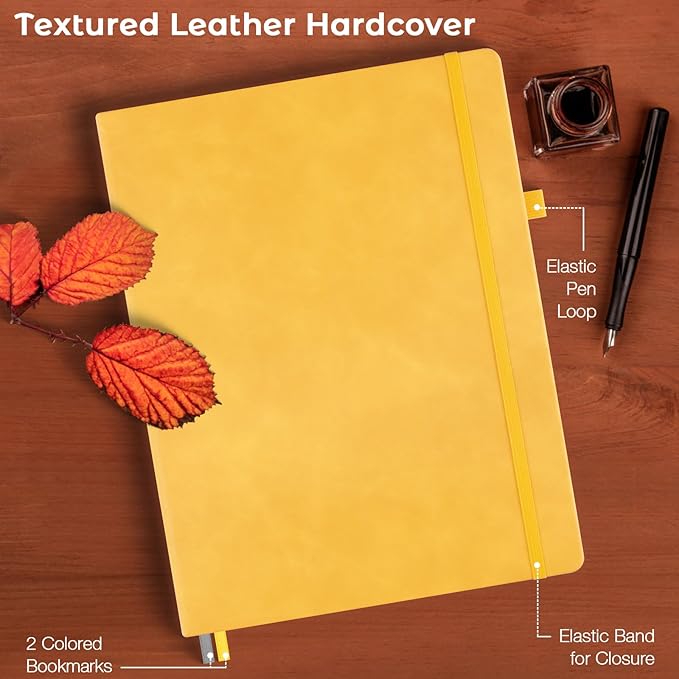 College Ruled Notebook, A4 Hardcover Leather Notebook for Work, Lined Notebook Journal for Women, Men, 192 Thick Paper, 8.5" x 11", Large Notebook with Pockets, Professional Business Notebook, Yellow