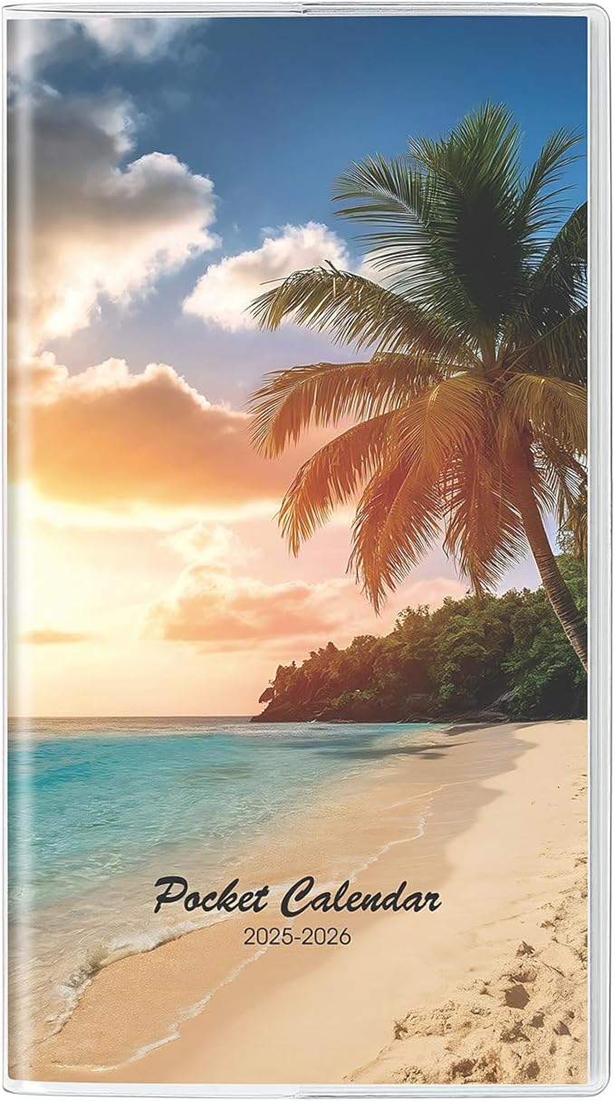 Pocket Calendar 2025-2026, Purse Monthly Planner - 3.7" x 6.7" - Runs from January 2025 Until December 2026, 2025 Pocket Calendar with Beach PVC Cover for Office