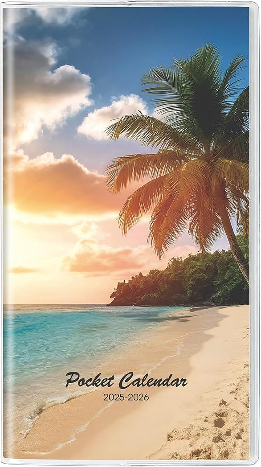 Pocket Calendar 2025-2026, Purse Monthly Planner - 3.7" x 6.7" - Runs from January 2025 Until December 2026, 2025 Pocket Calendar with Beach PVC Cover for Office