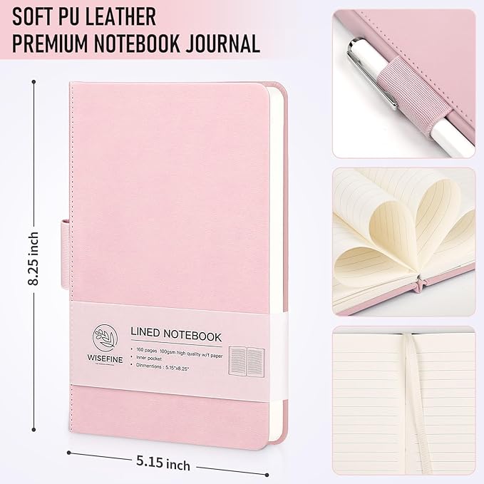 Hardcover Executive Notebooks, 160 Pages Line Ruled Classic Notebook Journal, Leather Notebooks with Pen Loop for Bussiness College Writing (Pink)