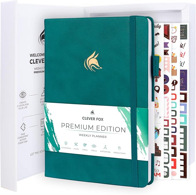 Clever Fox Planner Premium Edition – Undated Luxurious Weekly & Monthly Planner to Increase Productivity and Hit Your Goals – Organizer – Start Anytime, A5, Lasts 1 Year, Dark Teal (Weekly)