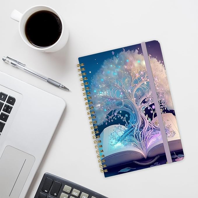 Yoiilifee Spiral Notebook - A5 Spiral Notebooks, 8.3'' × 5.8'', 160 Pages, Aesthetic Journaling Notebooks for Women, College Lined Notebook with Elastic Closure, Back Pocket, for School Office, TreeA