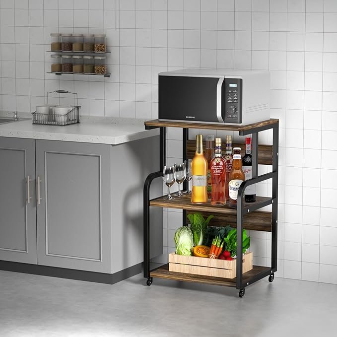 Large Printer Stand with 3-Tier Wood Storage Shelves -Multi-Purpose Desk Organizer- for Printer Scanner Fax Home Office Use with Wheels (Rustic Brown)