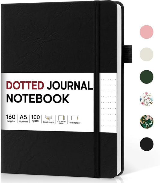 Bullet Dotted Journal Notebook for Women & Men, Hardcover Leather Journal for Writing, A5 Bullet Journaling Notebook for Work & Sketching, Perfect for Office School Home Supplies, 160 Pages, Black