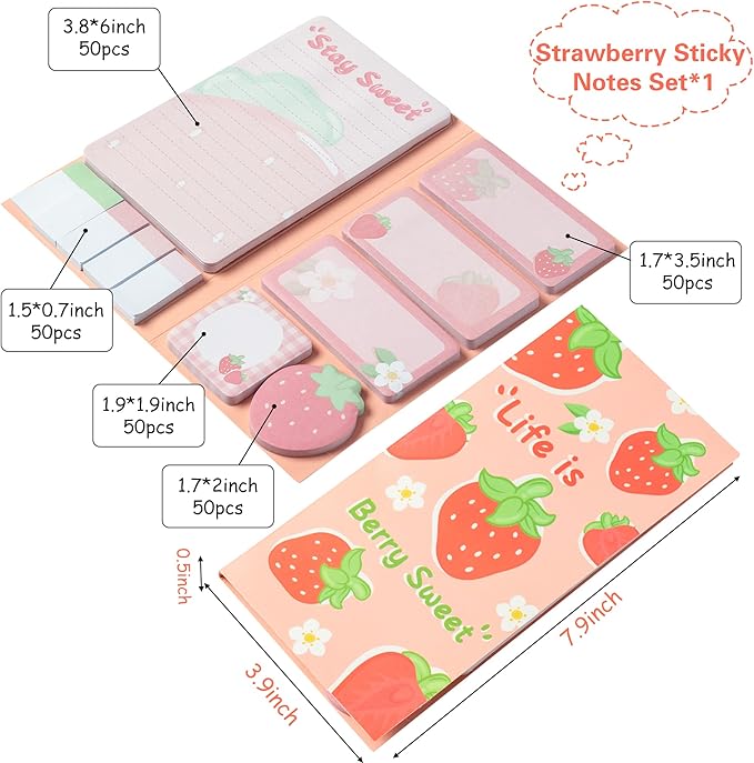 Life is Berry Sweet Sticky Notes Set, 550 Sheets, Strawberry Pattern Self-Stick Notes Pads Summer Fruit Divider Tabs Bundle Writing Memo Pads Back to School Office Supplies Small Gift