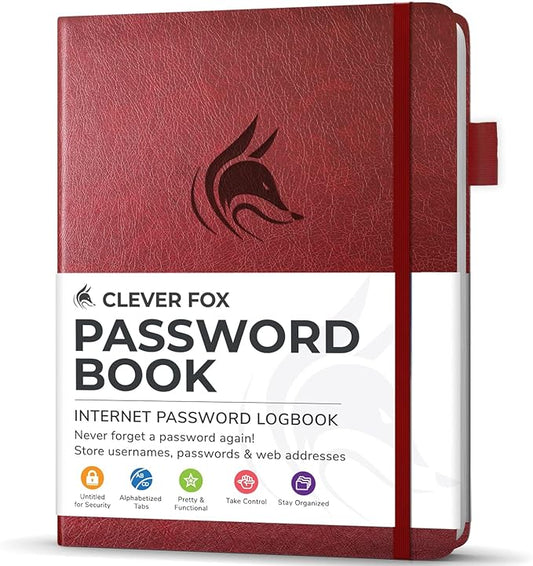 Clever Fox Password Book with Alphabetical tabs. Internet Address Organizer Logbook. Small Pocket Password Keeper for Website Logins (Wine Red)