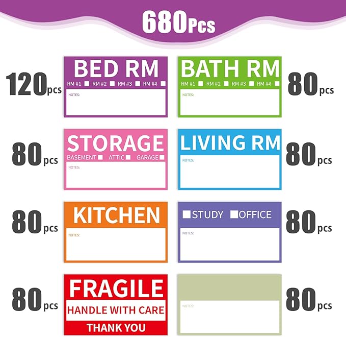 680 Home Moving Labels, 3.4 x 2 inches, 8-Color Coded Packing Box Stickers with Fragile and Blank Customizable Labels