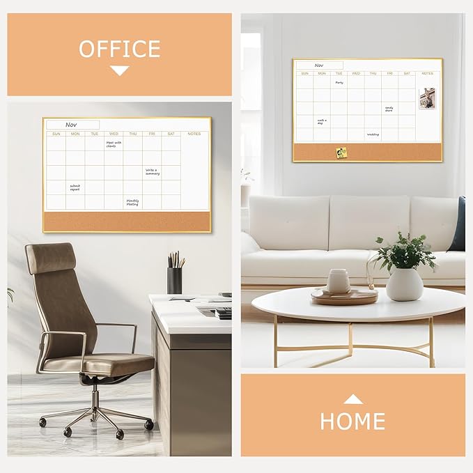 Magnetic Dry Erase Calendar Board for Wall - 36'' x 24'' Monthly Calendar Whiteboard with Cork Board - Gold Aluminum Frame