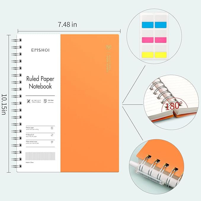 EMSHOI Spiral Notebook, B5 7.48" X 10.15", 300 Pages, Hardcover, 100gsm Thick Lined Journal, for Women Men Work Writing - Orange
