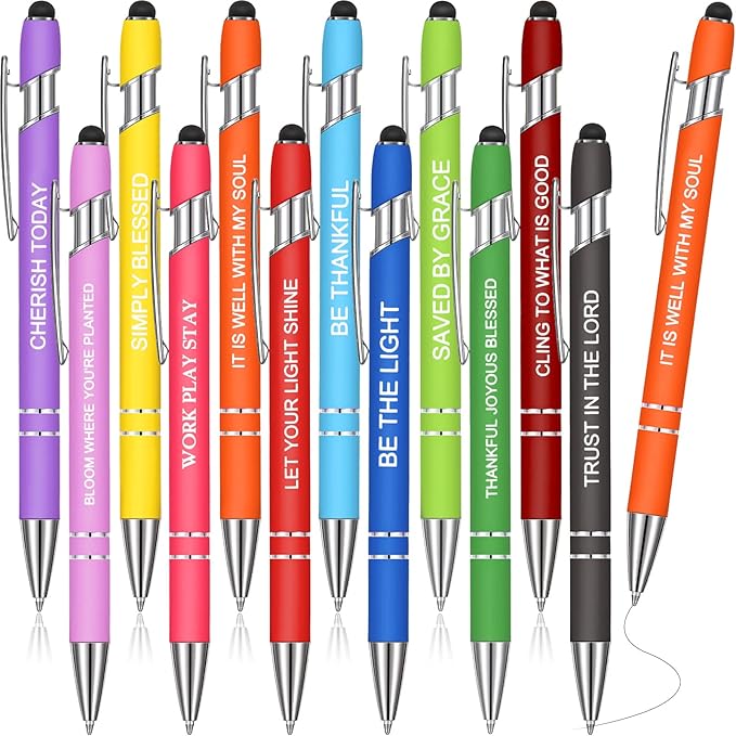 Zonon 12 Pieces Inspirational Pens Bulk Easter Basket Stuffers Motivational Quotes Ballpoint Pens with Stylus Tip Inspirational Gifts for School Office Teachers(Fresh Color,Bible Style)