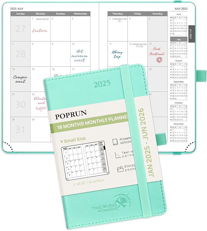 POPRUN Pocket Monthly Planner 2025-2026 (Pocket- 4''x 6.25''Soft Leather Cover) - 18 Month Calendar Book for Purse (January 2025-June 2026), 100 GSM Thick Paper - Green