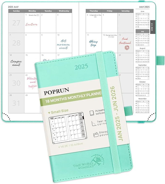 POPRUN Pocket Monthly Planner 2025-2026 (Pocket- 4''x 6.25''Soft Leather Cover) - 18 Month Calendar Book for Purse (January 2025-June 2026), 100 GSM Thick Paper - Green