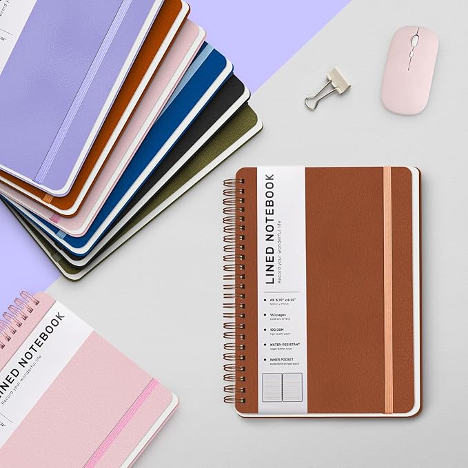 ABERLLS Brown Lined Spiral Journal Notebook with 160 Pages, 8×5.7in, A5 Spiral Notebook, Journaling Notebooks for Work, School, Women, Men, College Ruled Spiral Notebook, Hardcover Leather Journals