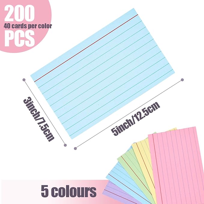 Koogel Index Cards 3 x 5 Inch, 200 Count, Ruled on both Sides, 5 Assorted Colors, Flash Cards for Studying School Supplies, Office