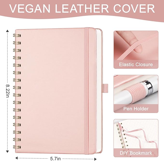 AHGXG Bullet Dotted Journal Spiral Notebook 8.5" x 11", Large A4 Leather Hardcover Dotted Notebook, 100 GSM Thick Dot Grid Paper, Inner Pocket, for Bullet Journaling, Rose Gold