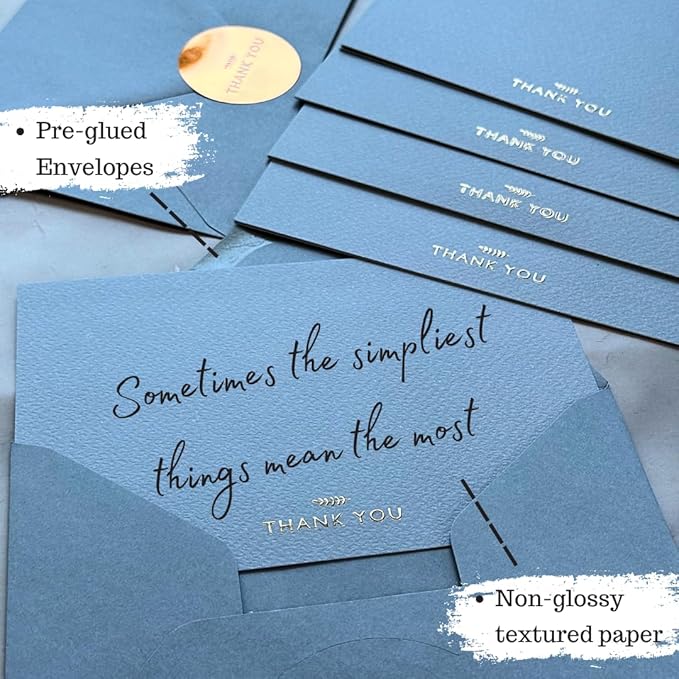 RUN2PRINT (36 Pack Thank You Cards With Envelopes & Stickers - Elegant Blue - Emboss Gold Foil Pressed - Blank Notes Wedding, Bridal, Baby Shower, Business and Formal All Occasion Cards