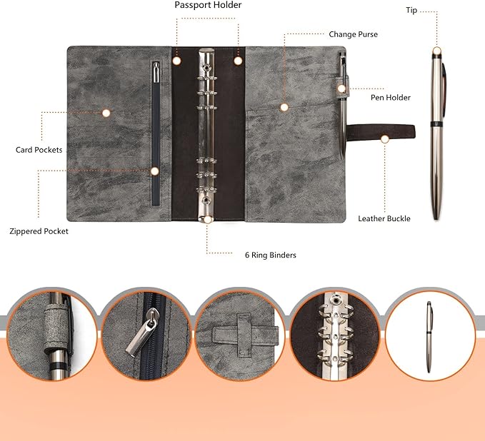 Wonderpool Leather Journal Refillable Binder A5 Writing Notebook Folder Organiser with Dotted Paper & Multi Pockets Cover for Business School Travel (A5, Grey)