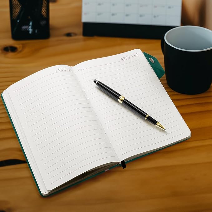 A5 Leather Journal Notebook with Pen, 200 Pages Hardcover Journal with Pocket, 100gsm Thick Lined Paper Daily Diary for Men and Women, Great Gift for Business School Travel Personal - Green