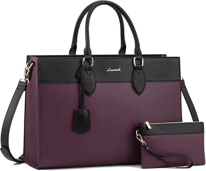 LOVEVOOK Laptop Bag for Women, 17.3 inch Laptop Tote Work Bag Purse, Large Waterproof Leather Computer Briefcase for Office, Purple-Black