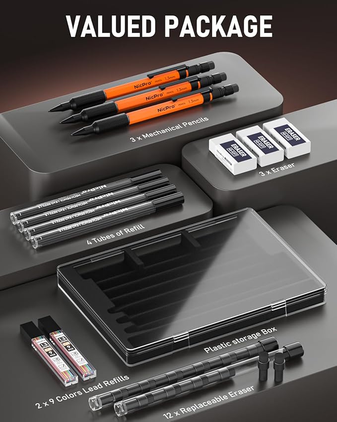 Nicpro 3 PCS 1.3 mm Orange Mechanical Pencils Set with 66 Lead Refill, 3 Eraser - Weatherproof Metal Barrel, Heavy Duty Carpenter Pencil MP2000 for Outdoor Marking Drafting Drawing Woodworking