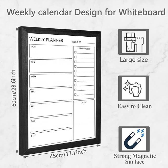 Dry Erase White Board Weekly Calendar Board, Magnetic Whiteboard for Wall,18“x24 Solid Wood Black Framed Message Board, Planner Board for Office, Home, School（Weekly-BB-BK-4560