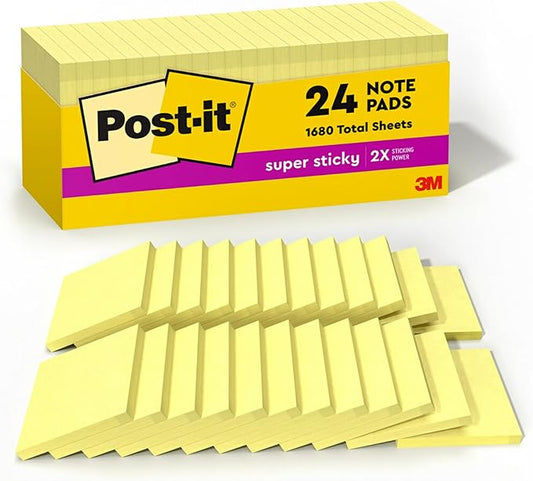 Post-it Super Sticky Notes, 24 Sticky Note Pads, 3 x 3 in., School Supplies, Office Products, Sticky Notes for Vertical Surfaces, Monitors, Walls and Windows, Canary Yellow