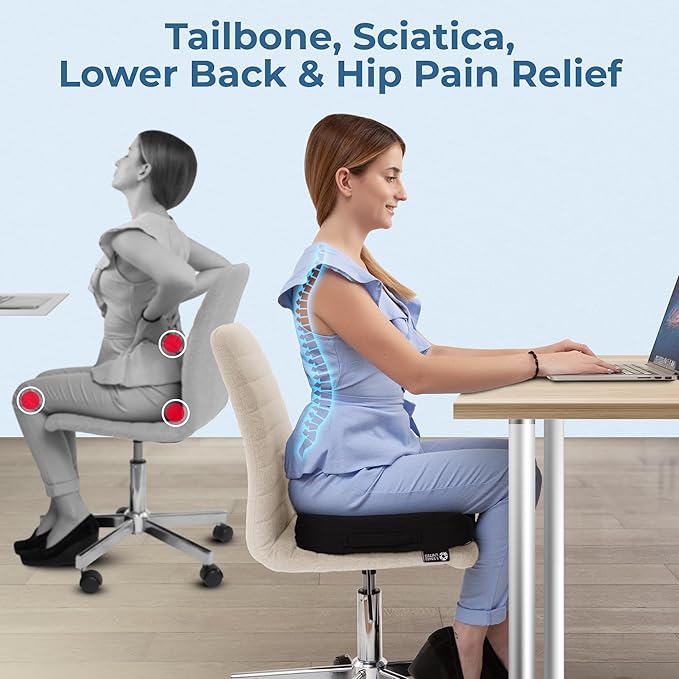 5 STARS UNITED Seat Cushion for Desk Chair - Tailbone, Coccyx Sciatica Pain, Pressure Relief - Office Chair, Wheelchair, Car Cushions - Cooling Memory Foam
