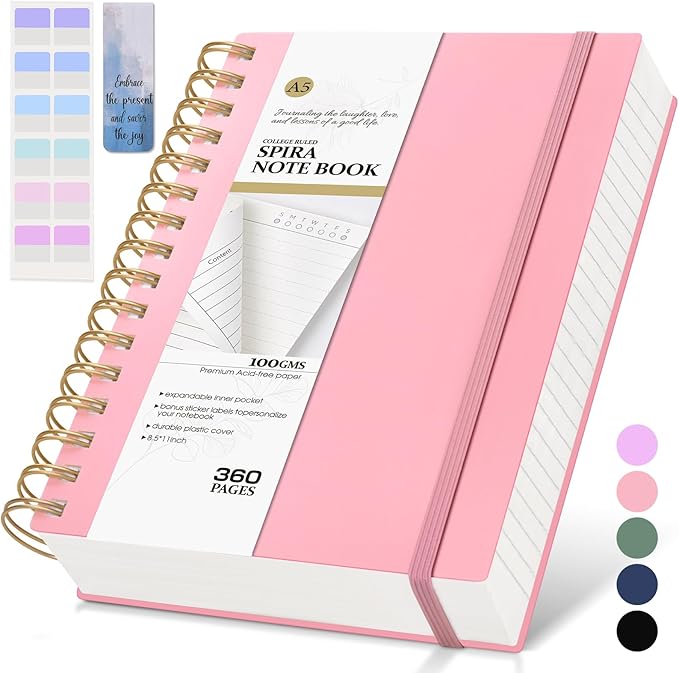 Pink Spiral Notebook Journal,360 Pages College Ruled Notebook, Lined Thick Journals for Women Men,A5 Thick Spiral Journal for Writing,100GSM Paper, Spiral Notebooks for Work School 5.5"x8.5"