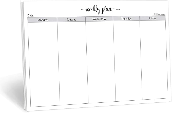 321Done Weekday Planning Notepad (8.5" x 5.5") Small 50 Sheets for Work Week – Monday through Friday M-F Planner Weekly Days of Week Paper Memo Note Pad, Planner Organizing - Made in USA - Simple